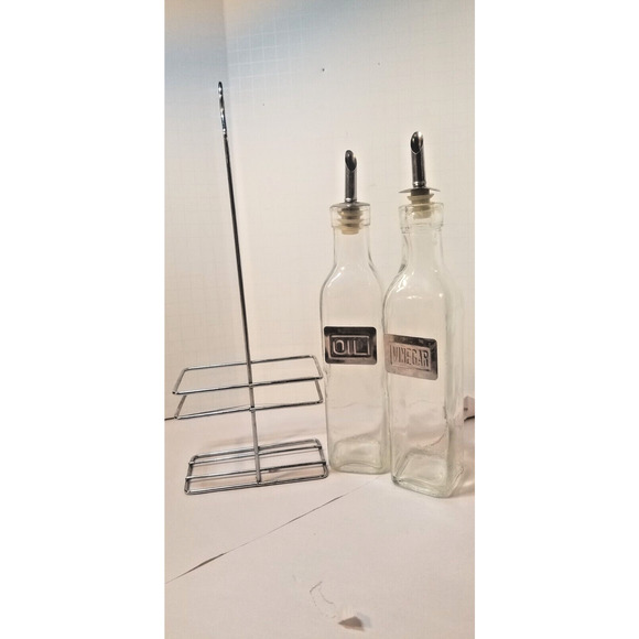 Oil and Vinegar Bottle Cruet Set with Wire Caddy 8.5 oz. Green tint Glass - Picture 2 of 5